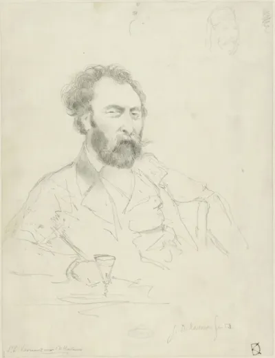 Portret van de kunstschilder Salomon Leonardus Verveer, zittend achter tafel met een glaasje