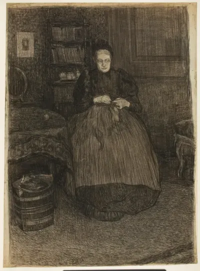 Portret van de moeder van de kunstenaar (?), breiend in een interieur