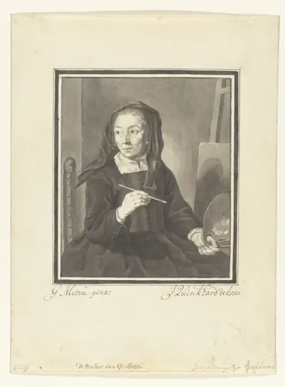 Portret van de moeder van Gabriël Metsu, schilderend