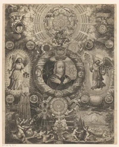 Portret van de mysticus Jakob Böhme omringd door allegorische en emblematische voorstellingen