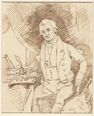 Portret van de natuurkundige Martinus van Marum, zittend aan een schrijftafel