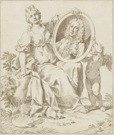 Portret van de schilder Adriaen van der Werff in een omlijsting op de schoot van een vrouw en ondersteund door een putto