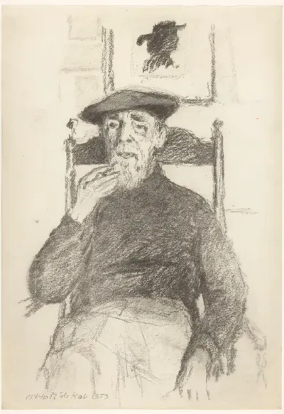 Portret van de schilder Dirk Nijland zittend op een stoel
