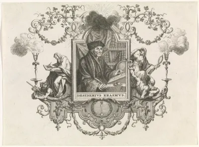 Portret van Desiderius Erasmus in een allegorische omlijsting