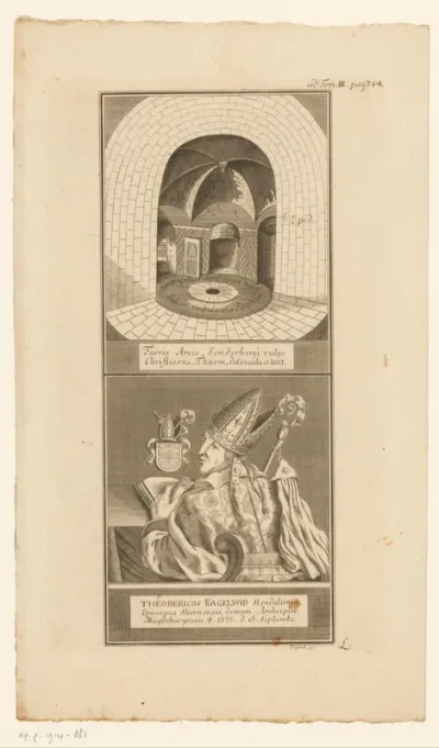 Portret van Dietrich Kagelwid en het interieur van een rond gebouw