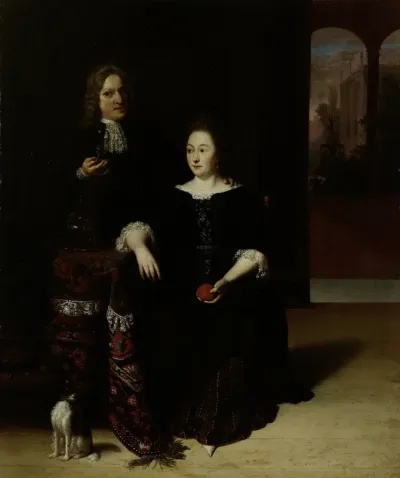 Portret van een dame en een heer in een interieur