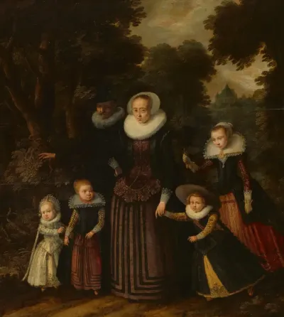 Portret van een echtpaar met vier kinderen