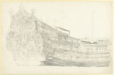 Portret van een (gefantaseerd?) Engels schip met Justitia op de spiegel