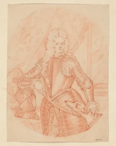 Portret van een geharnaste man met hond
