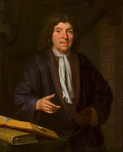 Portret van een geleerde (vermoedelijk Cornelius van Acker, pastoor te Delft) in zijn studeerkamer