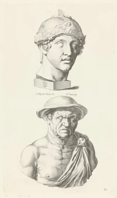 Portret van een gladiator met helm en portret van een oude man