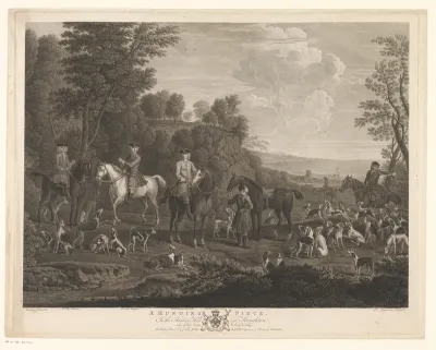 Portret van een jachtgezelschap met honden in een landschap