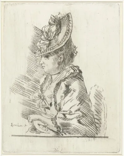 Portret van een jonge dame met hoed in profiel naar links