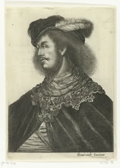 Portret van een jonge man met een baret met veer op zijn hoofd