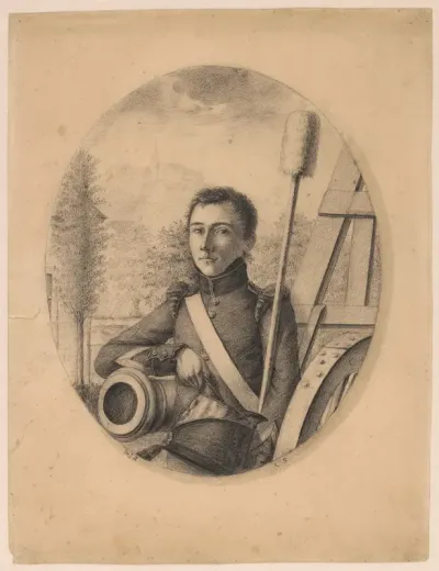 Portret van een jonge militair, kepi in de rechterhand, steunend op een kanonsloop (zelfportret?)