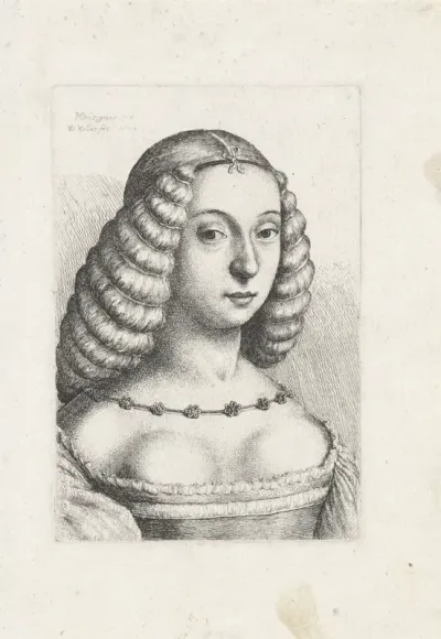Portret van een jonge vrouw met het haar opgebonden in rollen