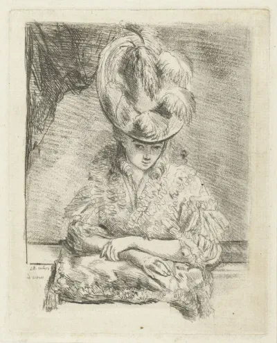 Portret van een jonge vrouw met hoed die uit het raam kijkt