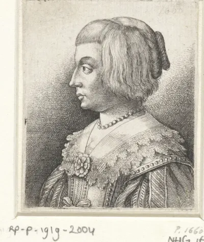 Portret van een jonge vrouw met kraag en rozet