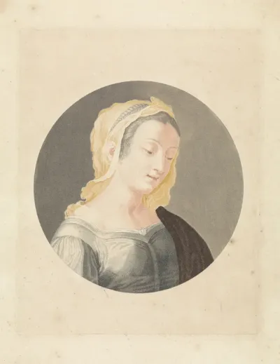 Portret van een jonge vrouw met neergeslagen ogen