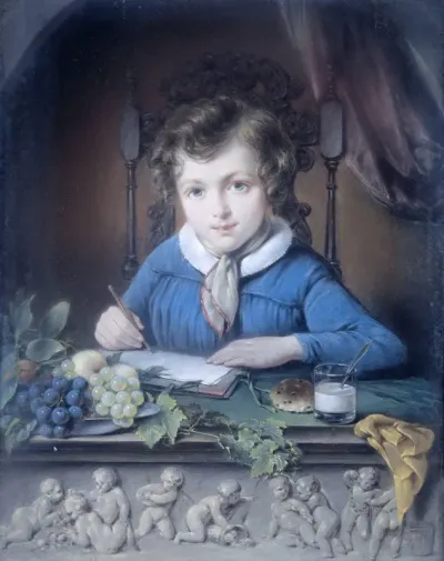 Portret van een jongen, zittend in een raamnis en gekleed in een blauw jasje