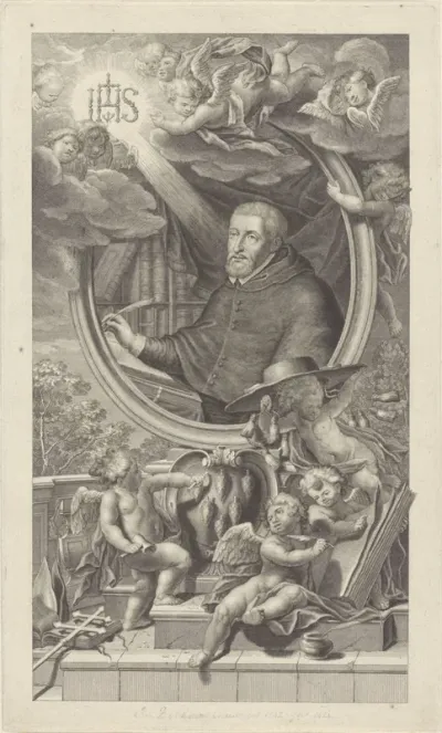 Portret van een kardinaal omringt door putti