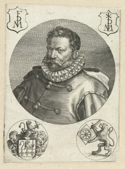 Portret van een man en vier wapenschilden