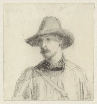 Portret van een man, half lijf, met grote hoed