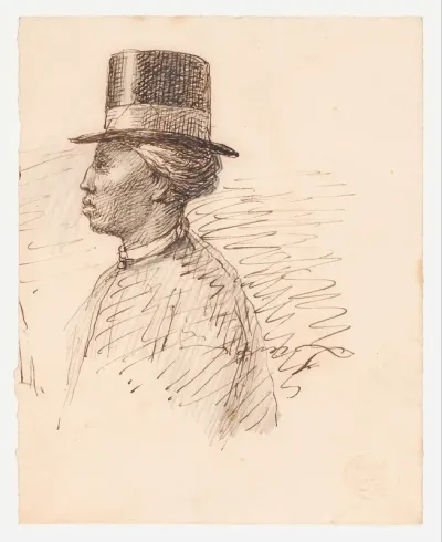 Portret van een man in Nederlands-Indië met een hoge hoed, en profil