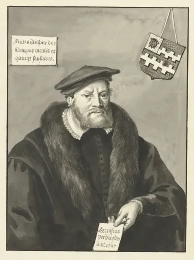 Portret van een man met bontkraag en pet, met het familiewapen van Van Slingelandt