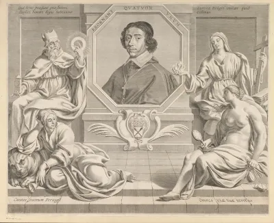Portret van een man met een hogepriester en personificaties van Geloof, Waarheid en Waakzaamheid