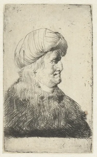 Portret van een man met een tulband, en profil naar rechts