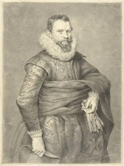 Portret van een man met handschoenen en hoed in de hand, naar rechts