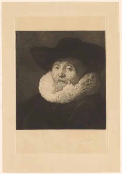 Portret van een man met hoed en geplooide kraag