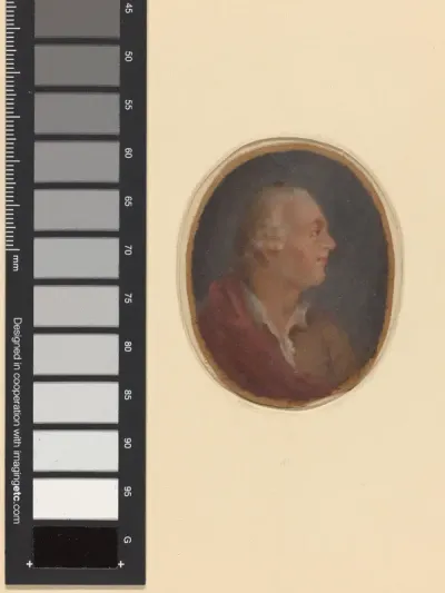 Portret van een man met pruik en rode mantel in profiel naar rechts, vermoedelijk Hendrik Karel Nicolaas van der Noot