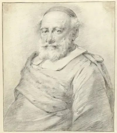 Portret van een man met witte baard en kapje op het hoofd, naar links