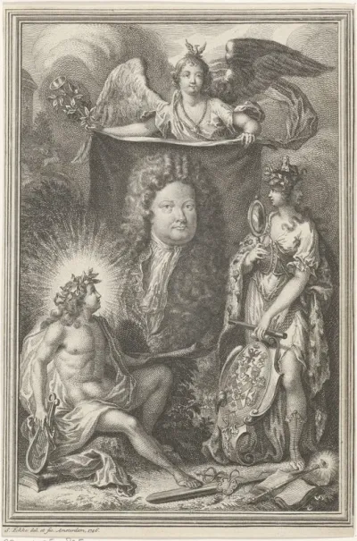 Portret van een mansbuste omringd door allegorische figuren