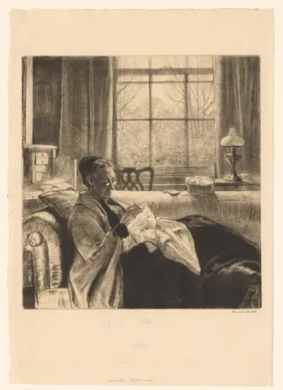 Portret van een naaiende onbekende vrouw op een bank voor het raam