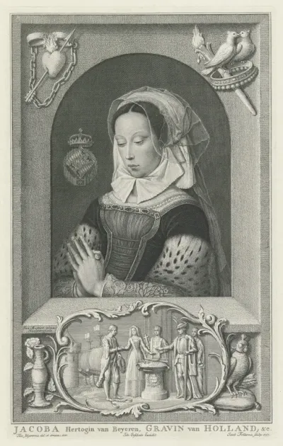 Portret van een onbekende biddende vrouw voorgesteld als Jacoba van Beieren