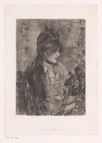 Portret van een onbekende jonge vrouw met een boeket in haar armen