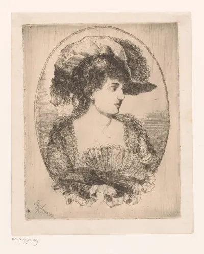 Portret van een onbekende jonge vrouw met hoed en waaier