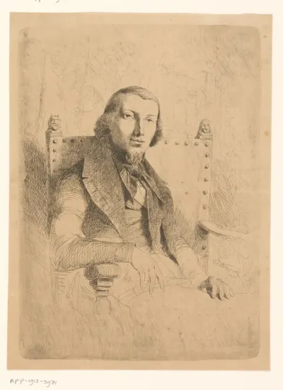 Portret van een onbekende man in een armstoel voor een boekenkast
