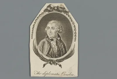 Portret van een onbekende man met een pruik als "The diplomatic Cicisbeo"