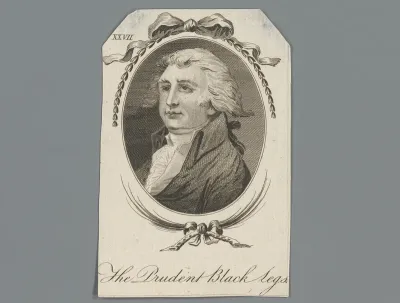 Portret van een onbekende man met een pruik als "The Prudent Black Legs"
