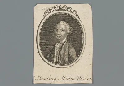Portret van een onbekende man met een pruik als "The Sorry Motion Maker"