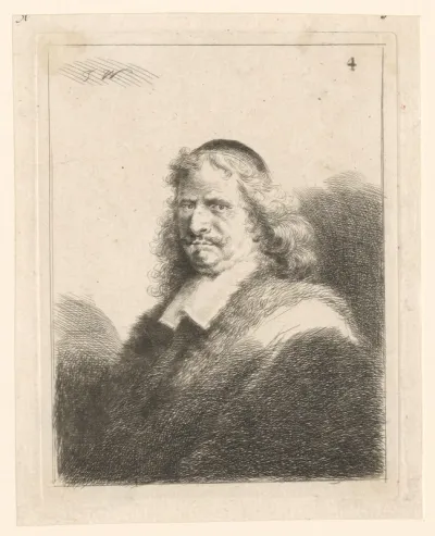 Portret van een onbekende man met plat hoofddeksel en mantel met bont