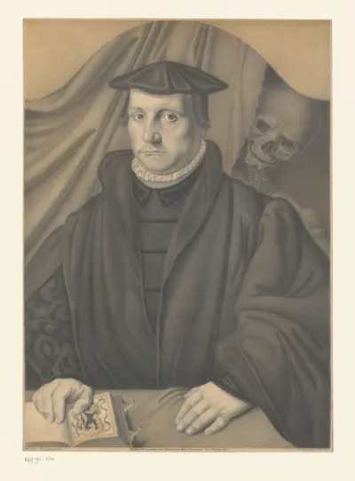 Portret van een onbekende man met skelet achter hem