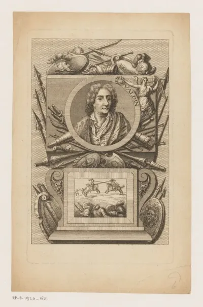 Portret van een onbekende man, mogelijk Valdin, in een cartouche met wapens