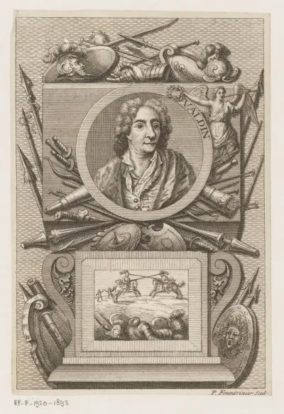 Portret van een onbekende man, mogelijk Valdin, in een cartouche met wapens