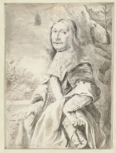 Portret van een onbekende man staand voor een draperie