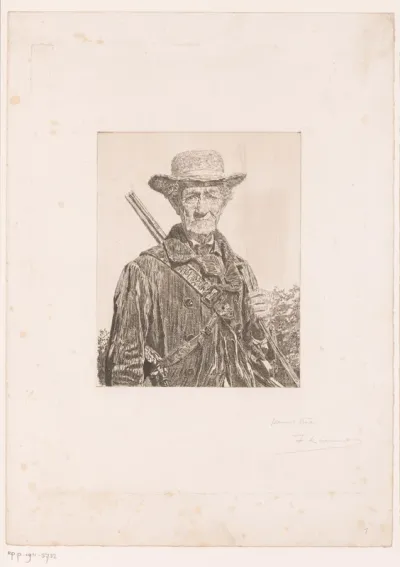 Portret van een onbekende oude man met jachtgeweer
